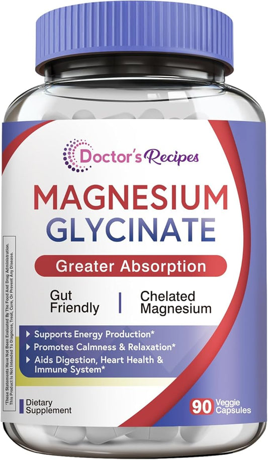 Doctor's Recipes Magnesium Glycinate Supplement, Amino Acid Chelated, Non Buffered, High Absorption, Easy on Stomach, Support Calm, Bone, Heart, Energy, Nerve, 90 Vegan Capsules