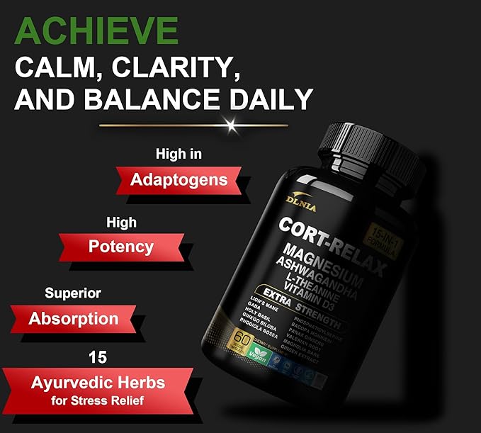 Super Calm Cortisol Supplement with Magnesium Glycinate, Ashwagandha KSM-66, L-Theanine, Phosphatidylserine, Ginkgo Biloba & Lions Mane for Calm, Focus, Mental Clarity, Relaxation, Sleep, Energy