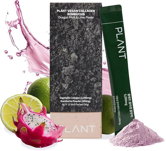 PLANT Vegan Collagen Peptide + Kombucha Powder + Probioitics + Vitamin C | Tripeptide Vegetarian Collagen Booster 2000mg, Dragonfruit Lime |15 packets, Gut & Skin Health Anti-Aging Hydration drink mix