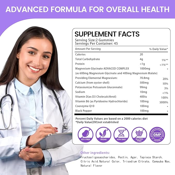 Magnesium Glycinate Gummies 1000mg, High Absorption Sugar Free Magnesium Potassium Supplement for Relaxation, Stress Relief, and Sleep Support for Adults & Kids (Blueberry)