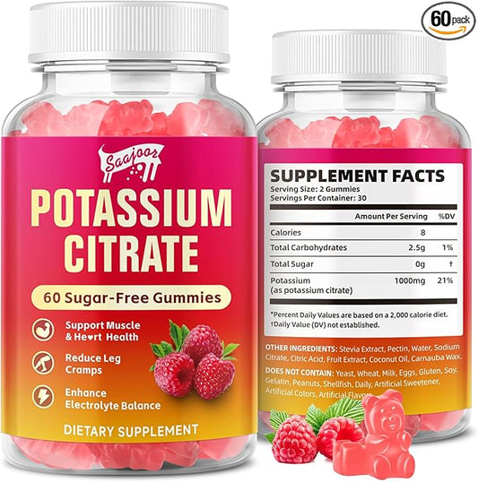 Potassium Citrate Gummies 1000mg, Potassium Supplement for Adults Women & Men, Support Leg Cramps & Muscle Health, 60 Count
