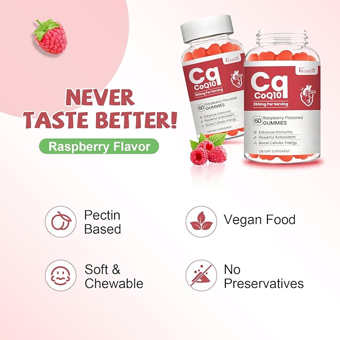 High Absorption CoQ10 Gummies 250 mg, Plus Omega-3, Vitamin B3 for Cellular Energy, Brain & Antioxidant, 5X Better Absorption Coenzyme Q10 Supplement, Raspberry Flavored - 60 Cts