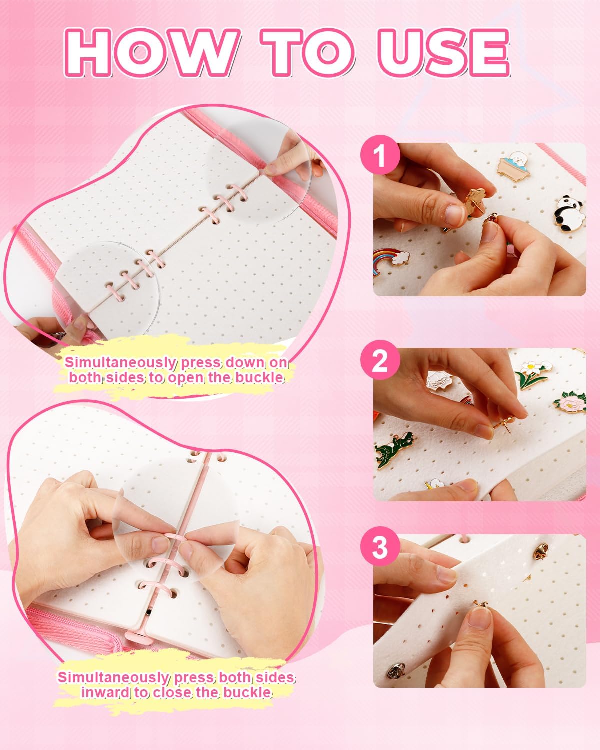 UCEC Pink Enamel Pin Display Book & 50 PCS Pin Backs A5 Album Pin Collection Binder for Brooch Pins, 6-Page Zippered Pinfolio Trading Organizer, Portable Enamel Pin Storage Case for Pin Collectors