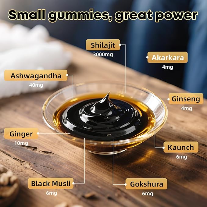 Shilajit Gummies: Pure Shilajit Himalayan Rich in Ashwagandha Gaulshura Fulvic Acid 85 Micronutrients Suitable for Men and Women No Added Sugar Non-GMO 100% Natural Organic 90 Gummies