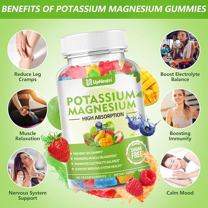 Potassium Magnesium Gummies for Adults Kids, Sugar-Free Potassium Gummies Supports Leg Cramps & Muscle & Immune Health, High Absorption Vegan Magnesium Supplement Gummies 5 Fruit Flavor 120 Cts