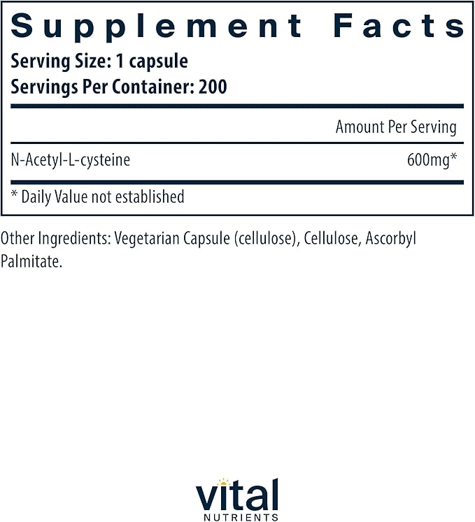 Vital Nutrients NAC 600mg | N-Acetyl Cysteine | Vegan NAC Supplement | Antioxidant for Sinus, Liver, Immune, and Respiratory Health* | Gluten, Dairy, Soy Free | 200 Capsules