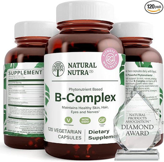 Natural Nutra Vitamin B Complex with Niacin, Folate, Thiamin, Biotin, Supports Nervous System Health, Promotes Metabolism, Skin, Eyes and Hair Health, Whole Food Supplement, 120 Vegetarian Capsules