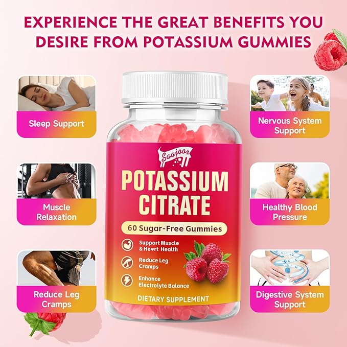 Potassium Citrate Gummies 1000mg, Potassium Supplement for Adults Women & Men, Support Leg Cramps & Muscle Health, 60 Count