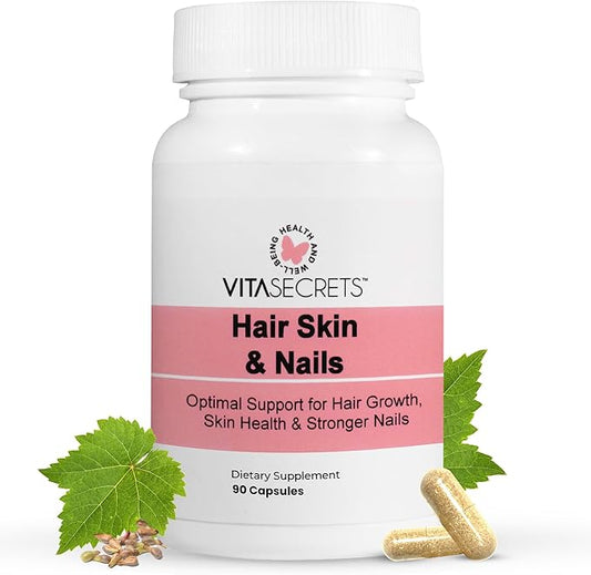 Vitasecrets Hair, Skin & Nails Super Blend – 90 Capsules with Biotin, Collagen, and Hyaluronic Acid for Healthy Hair, Glowing Skin, and Stronger Nails – Non-GMO, Gluten-Free, Made in The USA