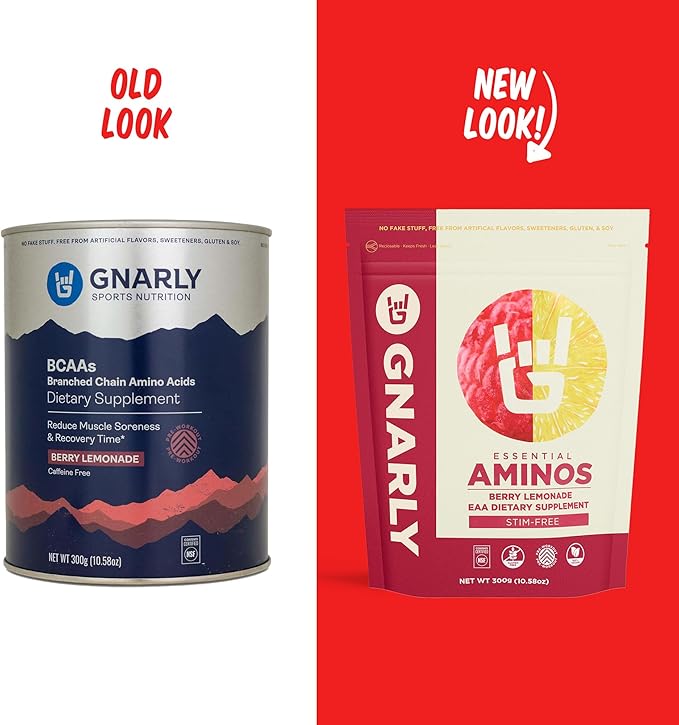 Gnarly Nutrition Essential Aminos Powder, Berry Lemonade – Pre-Workout Amino Acids – NSF Contents Certified – Supplement to Support and Rebuild Muscle – Berry Lemonade Caffeine Free, 10.58 oz