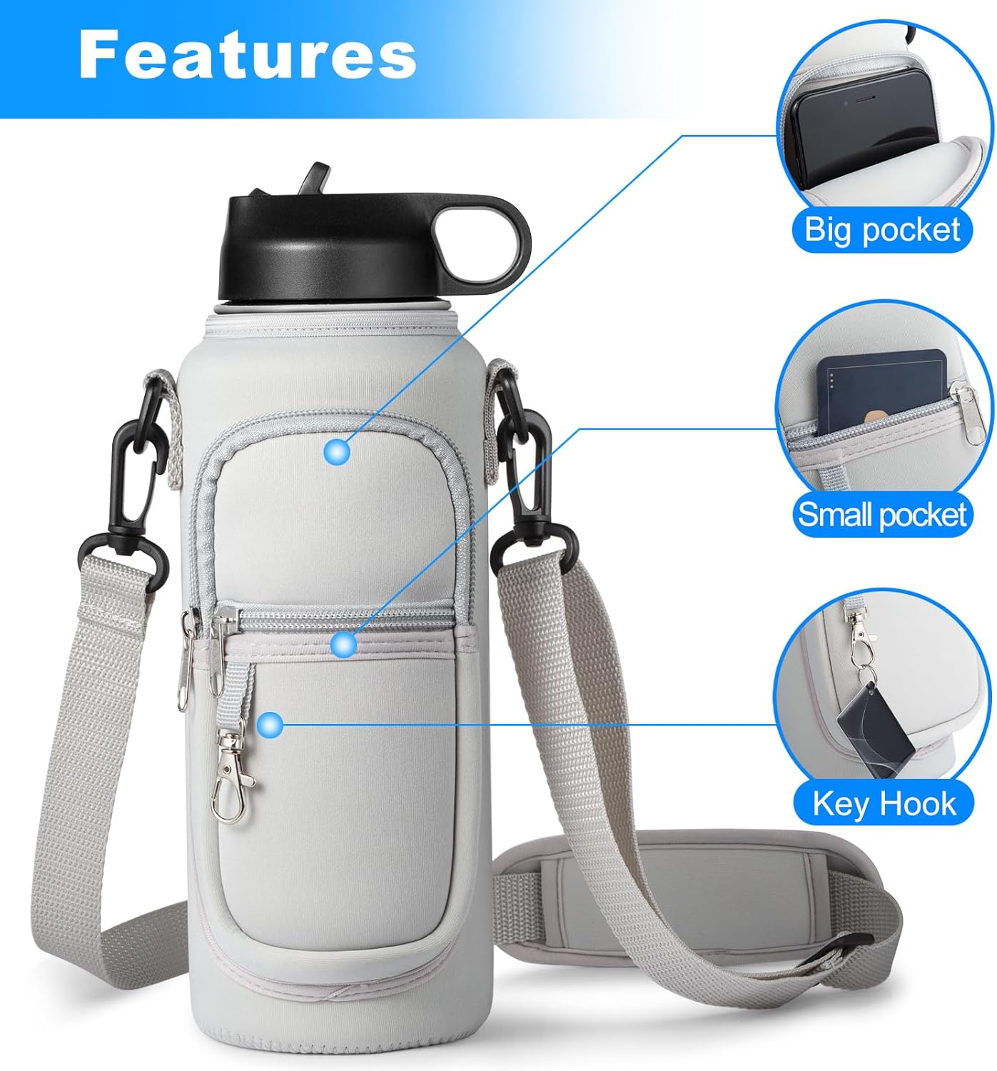 Water Bottle Holder with Strap for Hydroflask 32oz 40oz, Carrier Sling Bag with Phone Pocket Water Bottle Sleeve for Men Women Hiking Camping Travelling