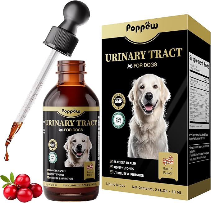 Dog UTI Treatment & Urinary Tract Support – Natural Herbal Drops with High Cranberry Extract, Vitamin B6 for Urine pH Balance, Bladder & Kidney Function, Split Dropper, Bacon Flavor, 2Oz