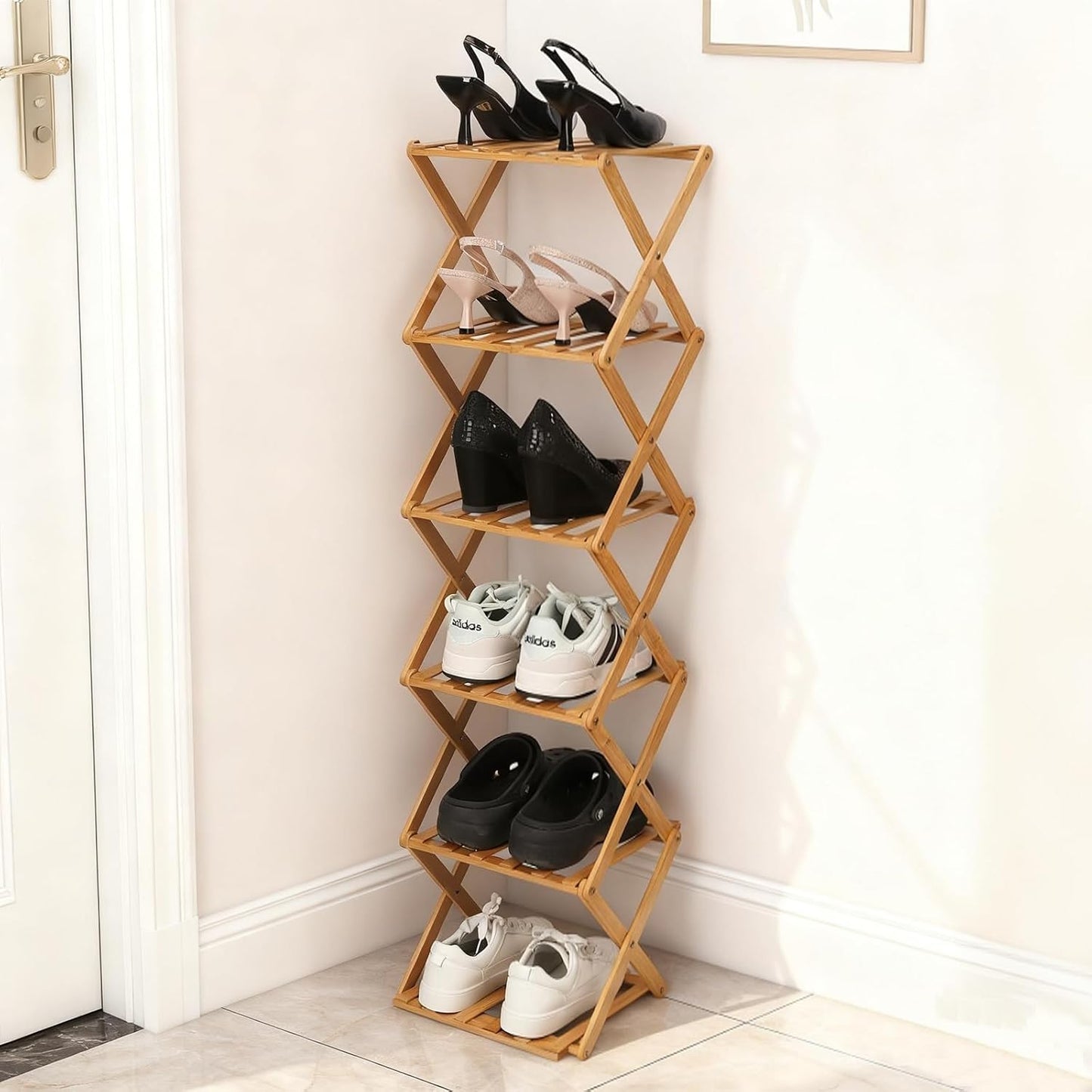 Bamboo Shoe Rack 6 Tier Foldable Shoe Rack Vertical Bamboo Shoe Organizer Free Standing Shelf for Entryway, Closet, Bedroom, Wood Color