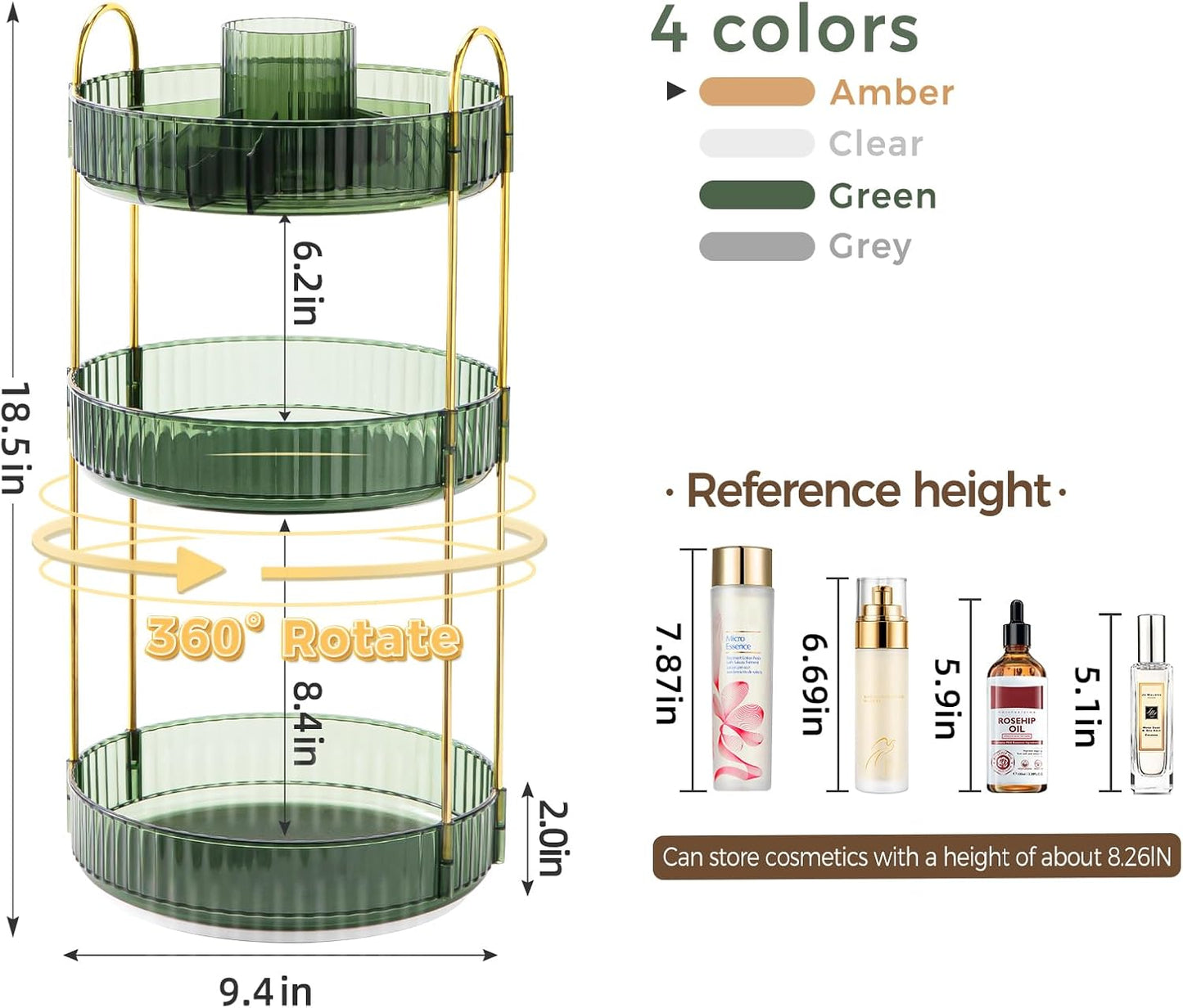 360° Rotating Makeup Organizer, Upgraded 3 Tier Skincare Perfume Organizers for Women, Bathroom Organizer Countertop, Clear Cosmetic Dresser Organizer with Makeup Brush Holder, Sink&Counter (Green)