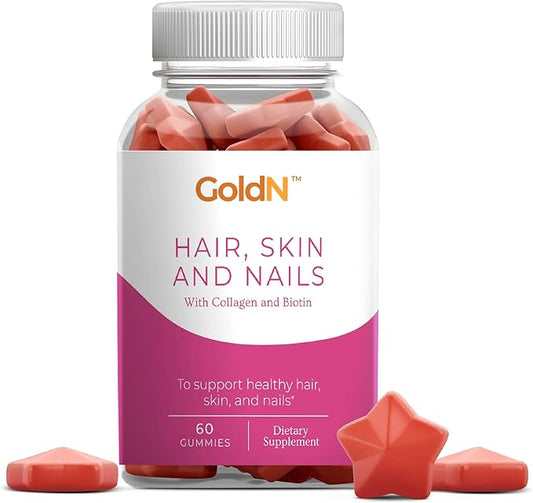GoldN™ Hair, Skin & Nails Premium Gummies with Collagen | 2,500 mcg Biotin, Fish Collagen, Vitamins A, C, D, E & Zinc | Non-GMO, Allergen-Free | Raspberry Flavor | 60 Gummies (30-Day Supply)