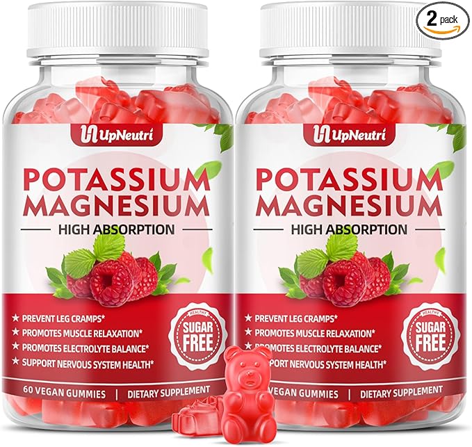 Potassium Magnesium Supplement Gummies for Adults Kids, Sugar-Free Potassium Gummies Supports Leg Cramps & Muscle & Immune Health, High Absorption Magnesium Gummies Raspberry Flavor 120 Cts