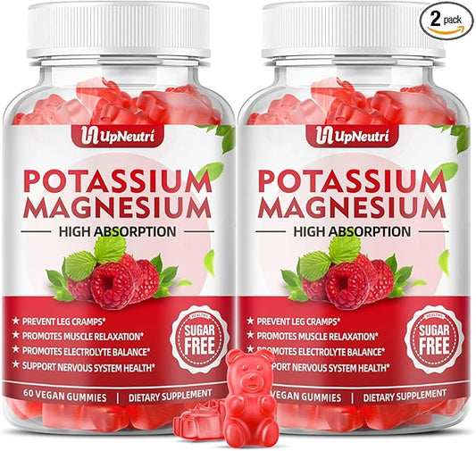 Potassium Magnesium Supplement Gummies for Adults Kids, Sugar-Free Potassium Gummies Supports Leg Cramps & Muscle & Immune Health, High Absorption Magnesium Gummies Raspberry Flavor 120 Cts