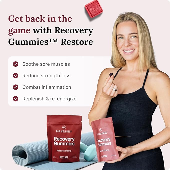 Recovery Gummies Restore - Tart Cherry Gummies for Muscle Recovery - Hibiscus Cherry Flavor with Antioxidants & Electrolytes Combats Soreness, Boosts Energy - Vegan, Non-GMO, Gluten-Free