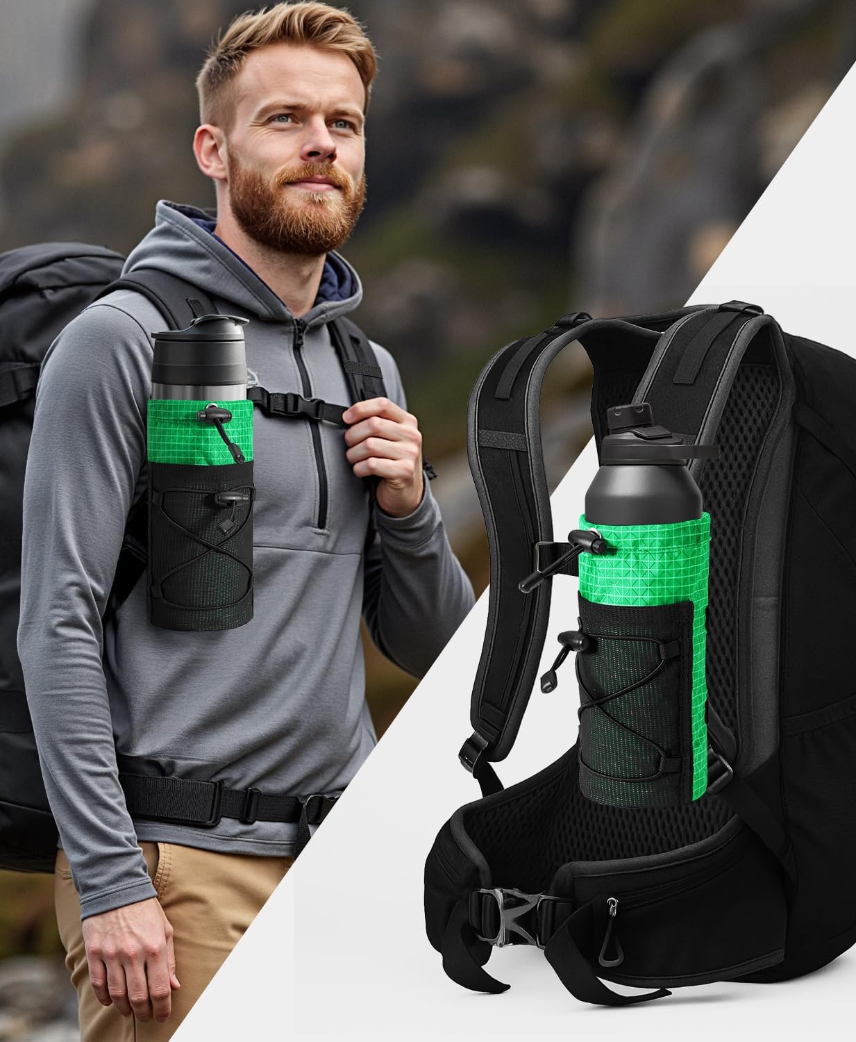 Large Water Bottle Holder Pouch Bag, Backpack Water Bottle Holder Mesh Bag Carrier Fits for 10-48oz Bottles, Heavy-Duty Water Bottles Holder Accessories for Hiking, Sports, Travel, Outdoor