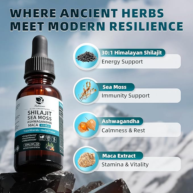 Shilajit Liquid Drops, 12-in-1 Complex - Sea Moss, Ashwagandha, Maca, Fulvic Acid, Trace Minerals, Liquid Vitamins Supplement for Men and Women, Energy, Antioxidant, Immune Support, 60ML/2 FL Oz