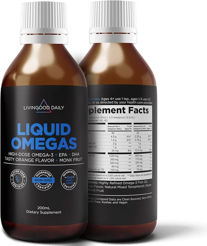 Livingood Daily Liquid Omega 3 Fish Oil, EPA & DHA Supplement with Monk Fruit & Orange Flavor, Supports Heart, Joint & Brain Health, Fish Oil for Men & Women, Non GMO, Gluten Free, 200 ML, 40 Servings