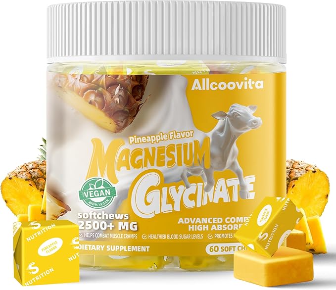 Magnesium Glycinate Soft Chews, Pineapple Flavor.Chewable Sugar Free Potassium Magnesium Chews with Magnesium Glycinate, Vitamin D, B6, and CoQ10 for Calm Support & Sleep for Adults, 60 Days Supply