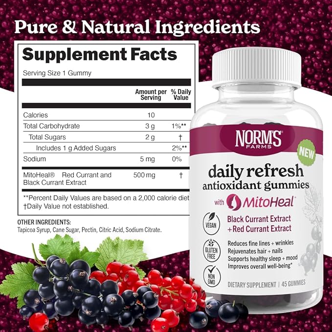Norm's Farms Elderberry Antioxidant Gummies - Daily Refresh w/MitoHeal, 500mg Red & Black Currant Extract - Sleep, Mood, Skin, Hair & Nail Support - USA Made, Vegan, Non-GMO, Gluten-Free - 45 Gummies