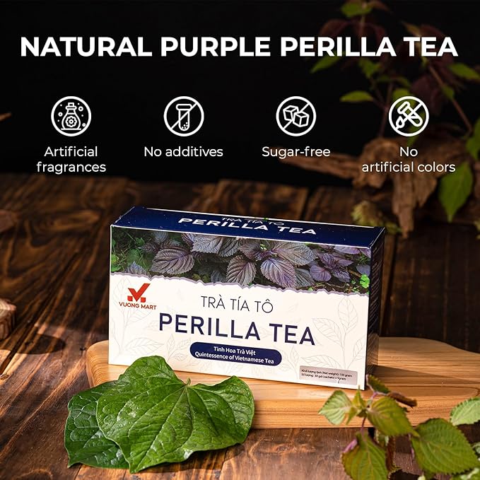 VUONGMART Dried Purple Perilla Tea, Stevia, Lolot, 100% Hand Pick, Organic Herbal Tea, 30 Tea Bags, Gluten Free, Dairy Free, Sugar Free & Natural, Energy Boost & Health Support
