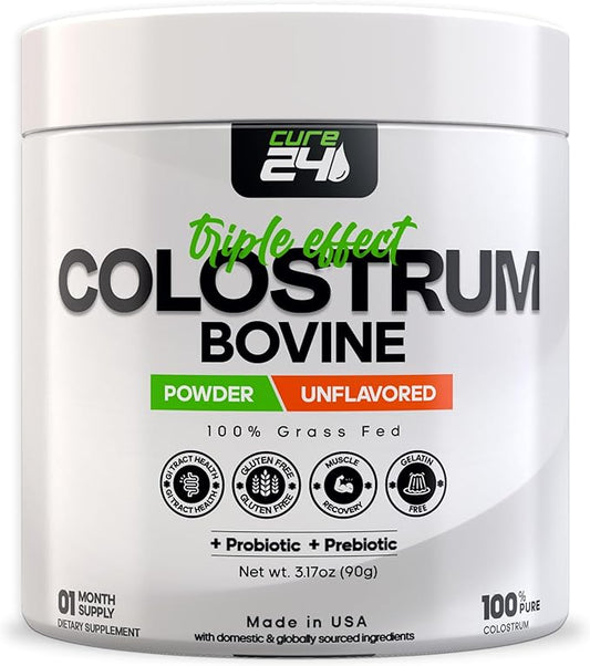 Bovine Colostrum X3 Supplement Powder for Humans, 100% Pure Whole Natural Grass Fed Superfood, High IgG, Plus Probiotic & Prebiotic, Unflavored, Made in USA