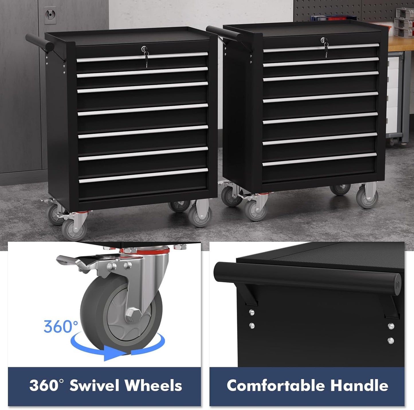 7-Drawer Tool Chest,Rolling Tool Cart with Wheels,High Capacity Tool Cabinet with Locking System for Garage, Warehouse, Workshop-Black