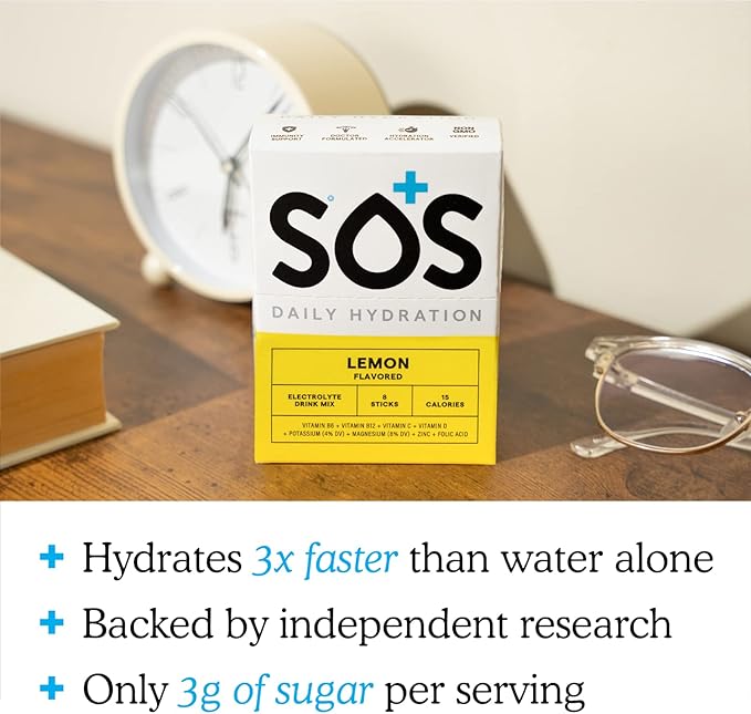 SOS Hydration Electrolyte Powder 8 Stick Packs – Low-Calorie, Rapid Rehydration, Made in USA, Keto (8 Servings, Lemon)