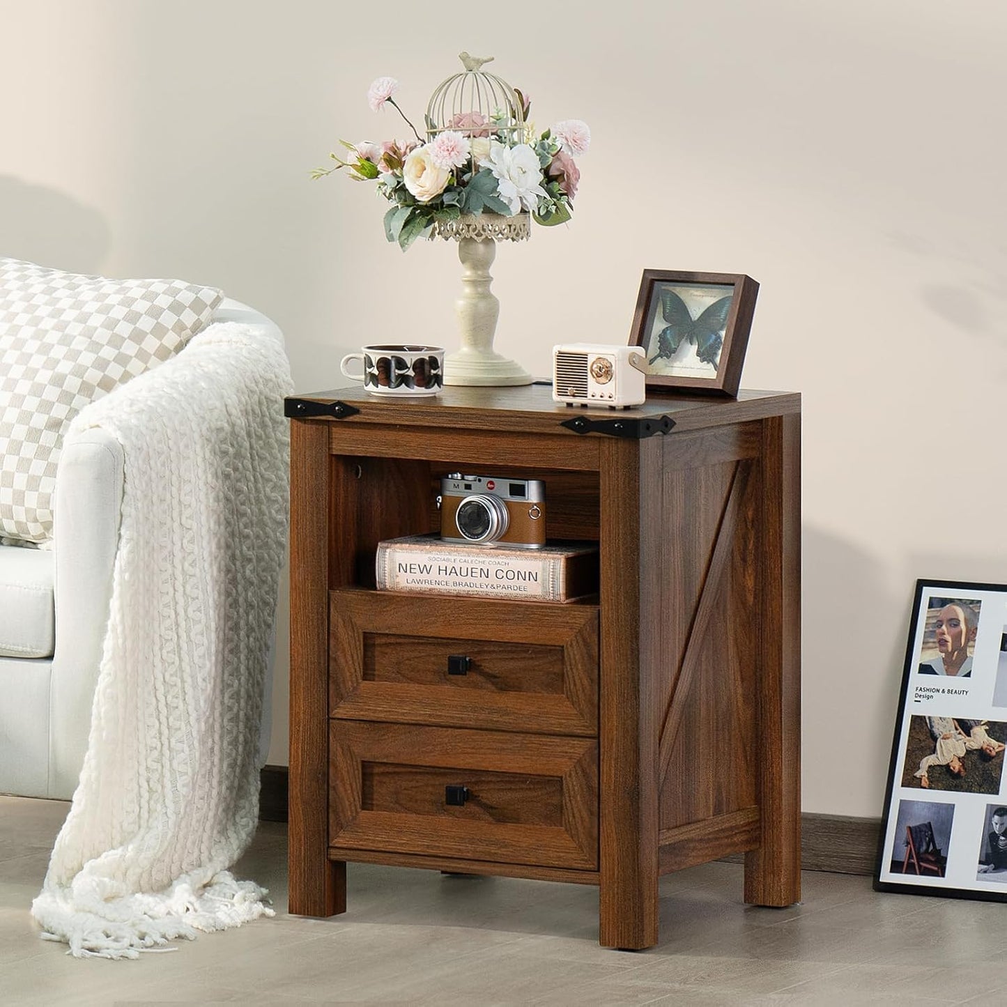 Nightstands Set of 2 with Charging Station, Farmhouse Side End Table with 2 Drawers and Open Shelf, Wood Rustic Sofa Table, Bedside Cabinet for Bedroom, Living Room, Closet, Office(Brown)