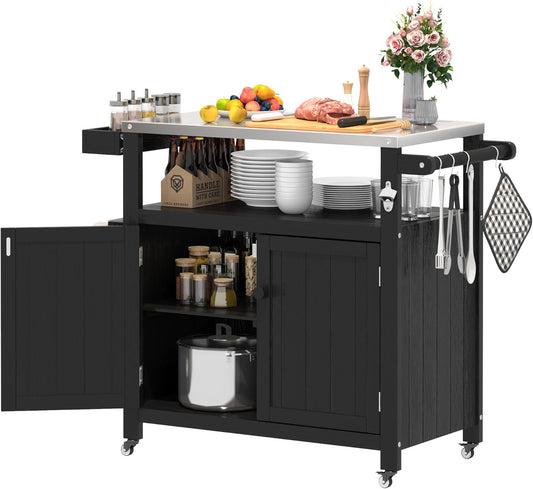 Weatherproof HIPS Outdoor Kitchen Island with Stainless Steel Top & Storage Cabinet, Movable Prep Table with Wheels for BBQ Food Prep, Outdoor Grill Cart for Parties, Black