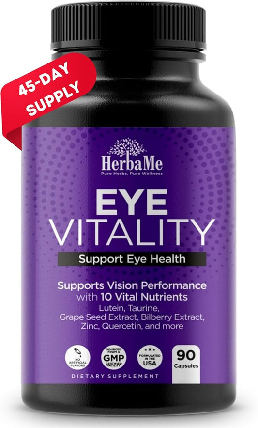 Eye Vitamins Supplement with Lutein, Bilberry, Beta Carotene, L-Taurine, Zinc and Quercetin, 90 Capsules, Supports Vision, Ocular and Macular Health, Helps Eyes Filter Blue Light