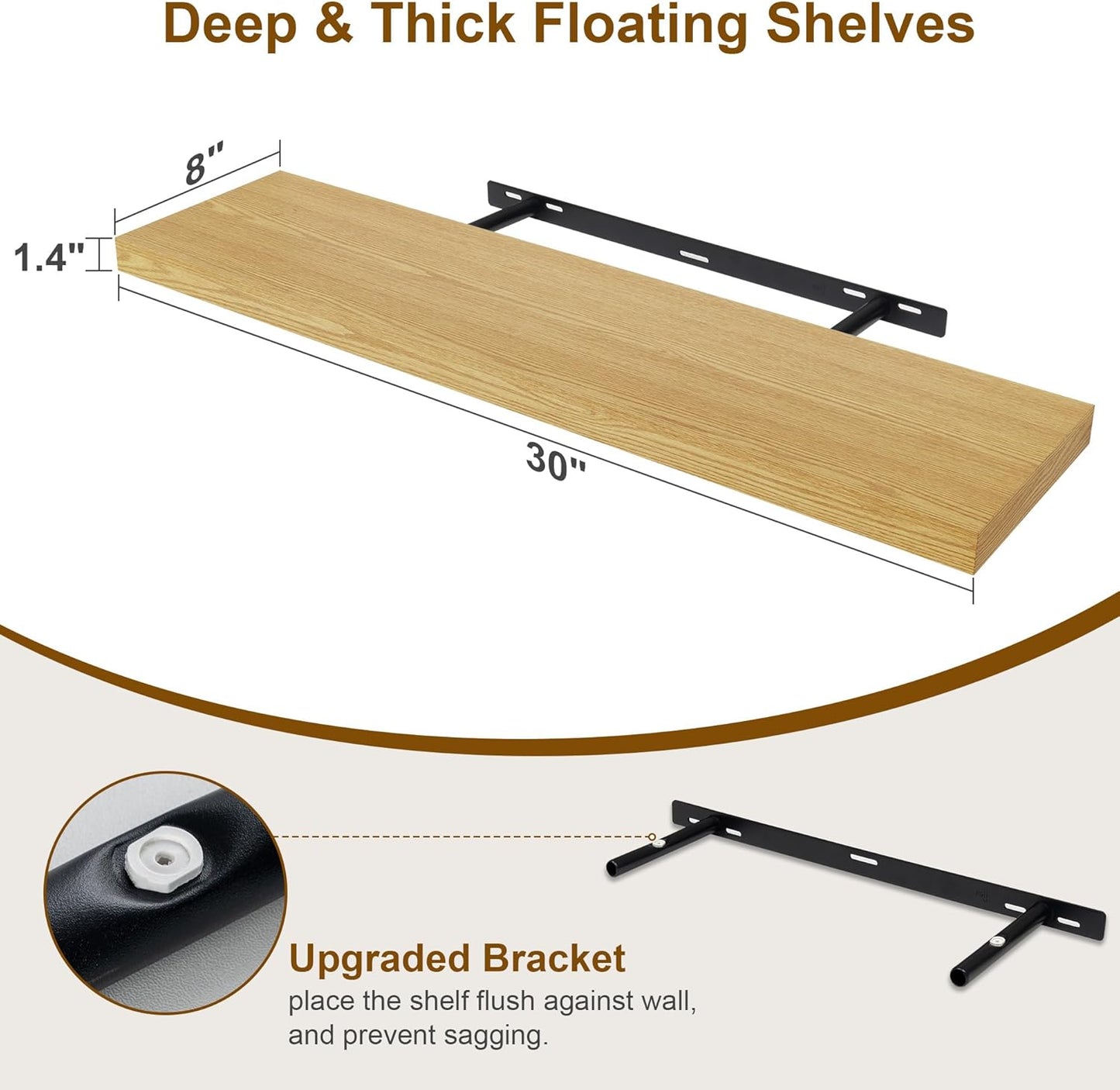 30 Inch Floating Shelves, Rustic Floating Wall Shelves 8 Inch Deep, 30 x 8 Floating Shelves for Home Decor, Deep Display & Storage Shelves for Kitchen, Bathroom, Living Room, Oak Color, Set of 2