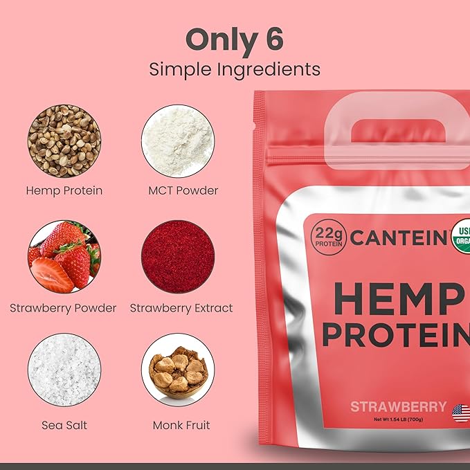 Organic Hemp Protein Powder, Plant Based and Vegan Protein Shake, Lactose and Dairy Free, Gluten Free, Clean and Natural- Strawberry (20 Servings)