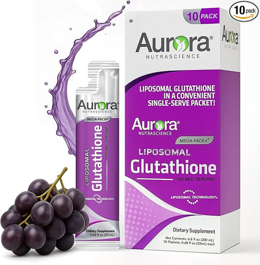 Aurora Nutrascience Mega-Liposomal Liquid Glutathione, Immune & Antioxidant Gut Health Support Supplement, 750 mg per Serving, Non-GMO, Sugar-Free, 10 Single Serve Packets