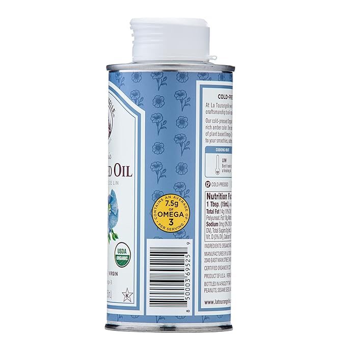 La Tourangelle, Organic Flaxseed Oil, Essential Omega-3 to Improve Heart Health, Vegan, Non-GMO, Gluten-Free, Kosher, Cast Iron Seasoning, 8.45 Fl Oz