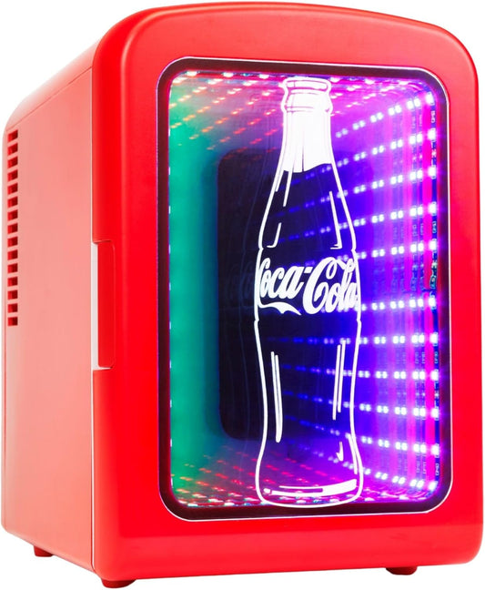 Coca-Cola 4L / 6-Can Mini Fridge with Multi-Color LED Light – Portable Thermoelectric 12V DC/110V AC Quiet Cooler/Warmer for Bedroom, Office, Car & Gaming Room – Mini Refrigerator for Drinks Skincare