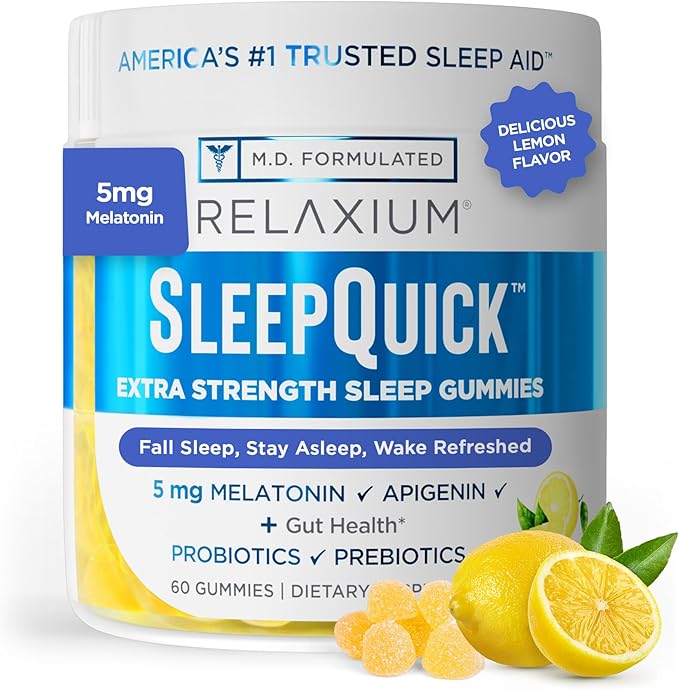 Relaxium Sleep Quick Gummy, Sleep Aid Support, 5 mg Melatonin, Vitamin D-3, Prebiotic & Probiotic Blend, Gluten & Drug Free, Lemon Flavor, 60 Gummies