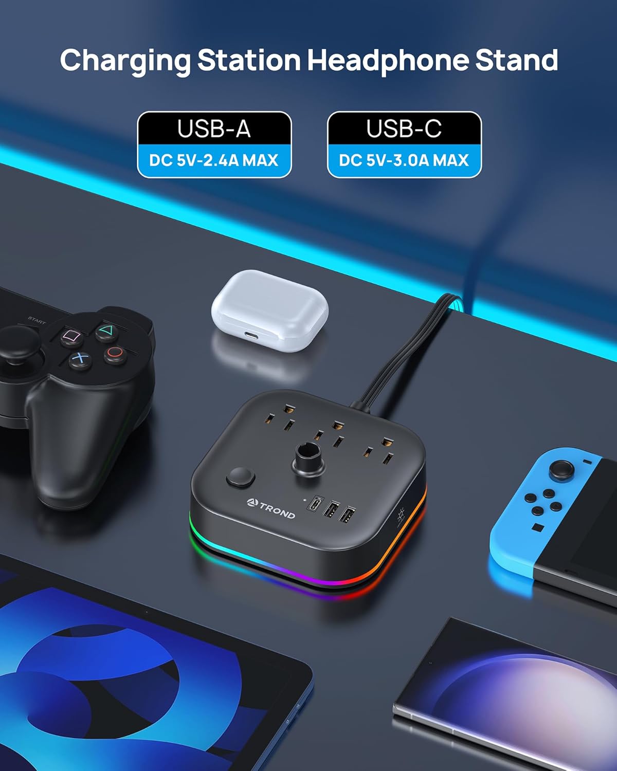 TROND Headphone Stand with USB C, Desk Gaming Headset Holder with 3 AC Outlets, 2 USB-A and 1 USB-C, Headset Stand with 5 RGB Light Modes, for Gaming Desk Accessories Gamer Boyfriend Gifts