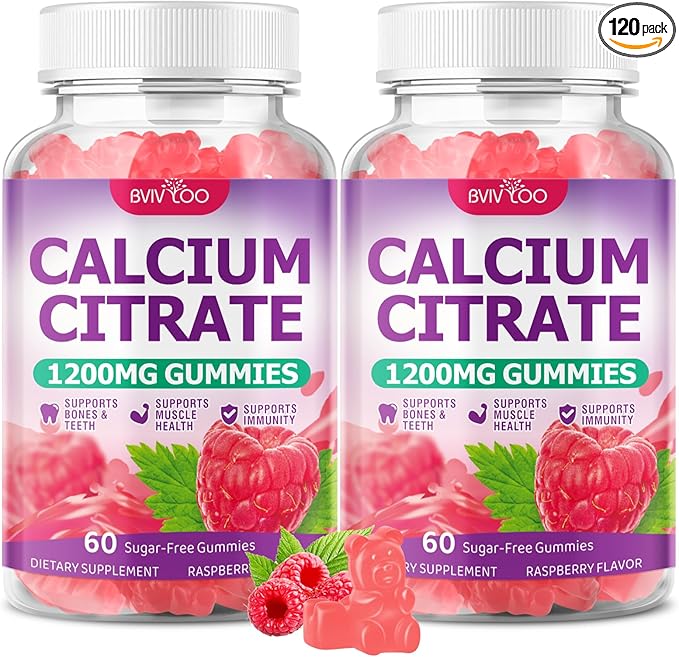 2 Packs High Absorption Calcium Citrate Gummies 1200mg - Bone & Teeth Support for Adults & Kids, Vegan, Non-GMO, Sugar-Free Gummies, Raspberry Flavor, 120 Count