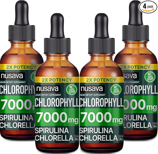 (4 Pack) 4-in-1 Vegan Chlorophyll Liquid Drops 7000mg for Immune Support, Energy, Gut and Skin Health - Liquid Chlorophyll - Internal Deodorant Enriched with Chlorella, Spirulina, & Copper, 8 Fl Oz