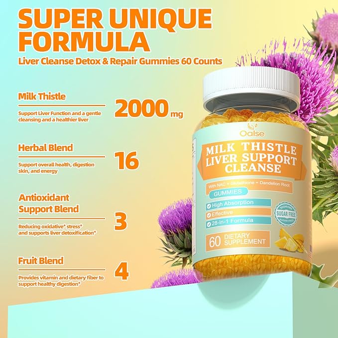 2000 Mg Milk Thistle Gummies - Mango Pineapple - with NAC, Glutathione, Dandelion Root, etc - Gentle Detox* & Cleanse*, Gluten-Free, 60 Count