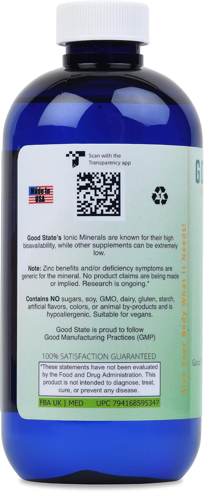 Good State Liquid Ionic Zinc (96 servings at 18 mg elemental, plus 2 mg fulvic acid - 8 fl oz)
