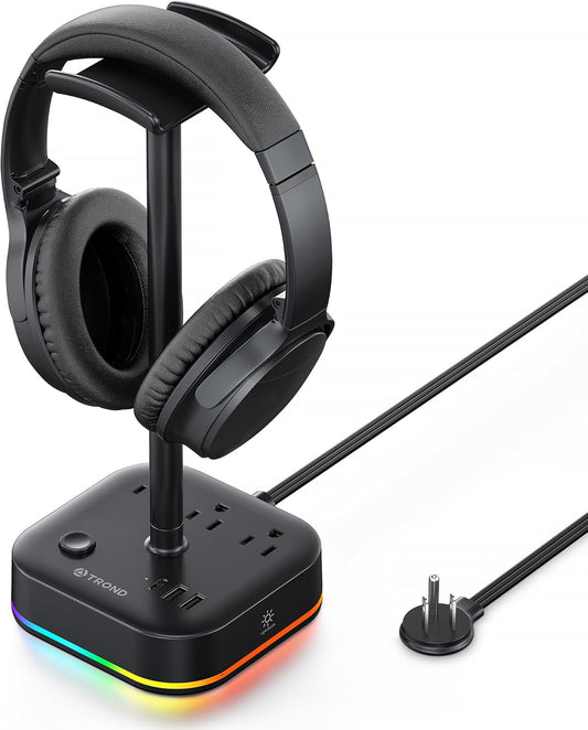 TROND Headphone Stand with USB C, Desk Gaming Headset Holder with 3 AC Outlets, 2 USB-A and 1 USB-C, Headset Stand with 5 RGB Light Modes, for Gaming Desk Accessories Gamer Boyfriend Gifts
