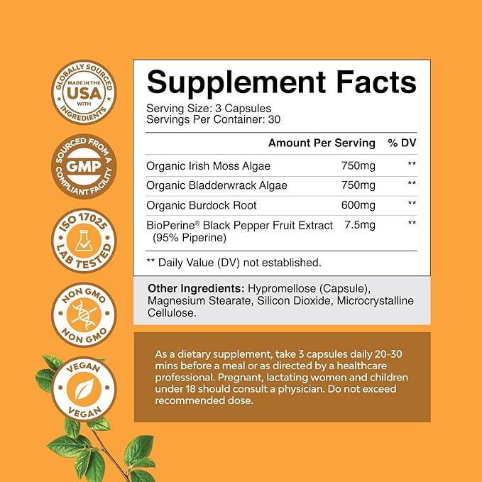 Organic Irish Sea Moss Capsules - Organic Sea Moss Pills with 2100mg Serving Superfood Complex with Bladderwrack Burdock Root and BioPerine for Immune Skin & Thyroid Support - Vegan Non-GMO (1 Month)