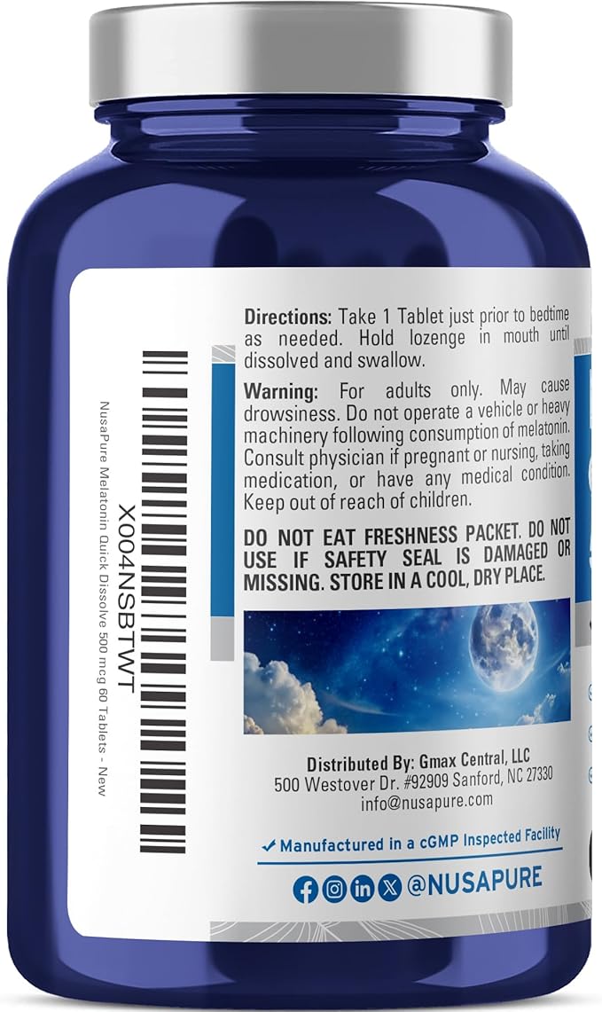 NusaPure Melatonin Quick Dissolve 500 mcg Per 60 Tablets Dietary Supplement Vegan, Non-GMO