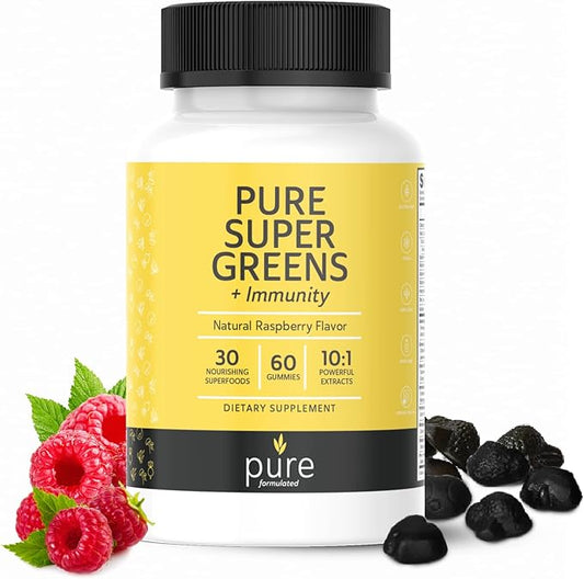 Super Greens Multivitamin Gummies for Kids - Adult Immune Support Gummies - 30 Superfoods Vegan Supplements - Natural Raspberry Flavor (60 Count)