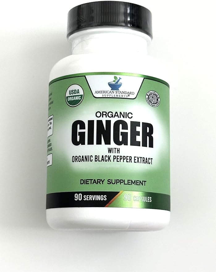 American Standard Supplements Organic Ginger Extract with Organic Black Pepper Extract, Vegan, Gluten Free, Non-GMO, 90 Capsules, 90 Servings
